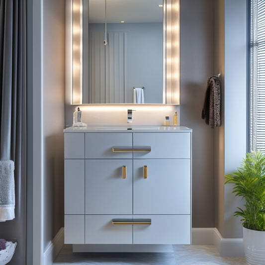 A sleek, modern bathroom with a wall-mounted, slimline cabinet in polished chrome, adorned with a single, ornate handle, alongside a recessed, LED-lit mirrored storage unit.
