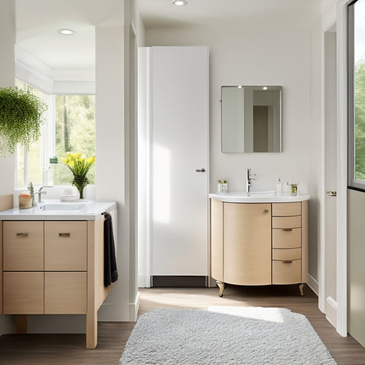 A sleek, modern bathroom with a corner cabinet featuring a rounded glass door, chrome hinges, and a soft-close drawer, surrounded by cream-colored walls, dark wood flooring, and a minimalist sink.