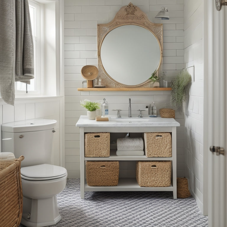 A clutter-free compact bathroom with a wall-mounted shelf above the sink, a pedestal sink with built-in storage, and a woven basket under the vanity.