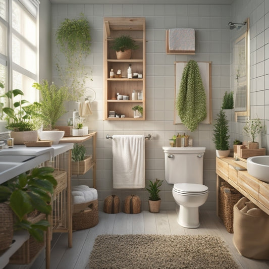 A clutter-free, miniature bathroom with a compact sink, toilet, and shower, featuring a ladder storage unit, woven basket, and a few decorative plants, all within a 3x3 foot space.