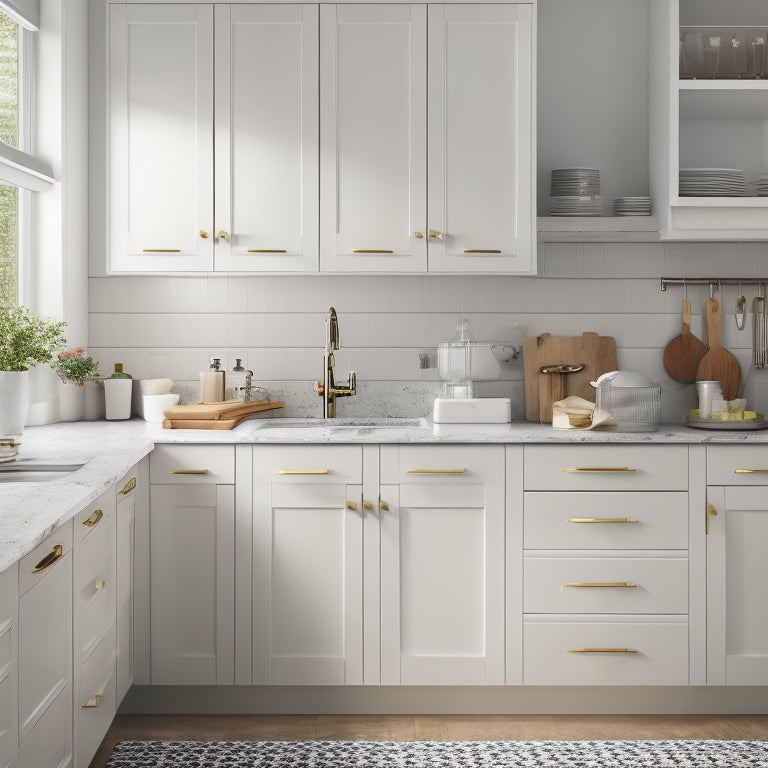 A serene, clutter-free kitchen with a sleek, white under-sink cabinet featuring a pull-out drawer and adjustable shelves, surrounded by a few, carefully chosen kitchen essentials.