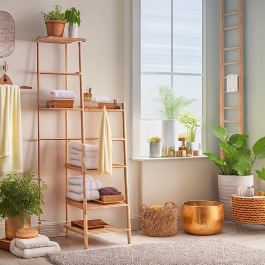 A stylish bathroom scene featuring elegant multi-functional ladder shelves filled with neatly arranged towels, decorative plants, and skincare products, set against a soft, calming color palette and warm ambient lighting.