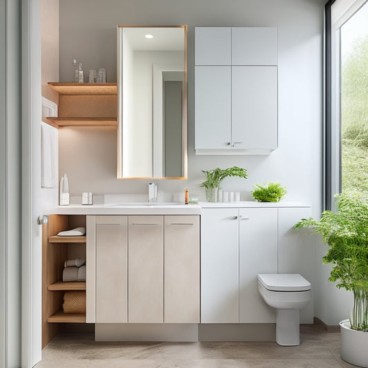 A clean, modern bathroom with a wall-mounted cabinet above the sink, its doors open to reveal organized toiletries and towels, surrounded by sleek fixtures and a minimalist aesthetic.