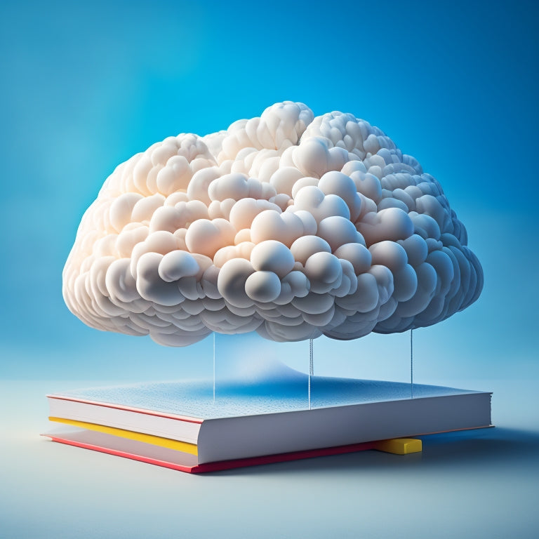 A serene, minimalist illustration featuring a human brain surrounded by swirling clouds of thought bubbles, gradually condensing into tidy, labeled folders and interconnected threads.