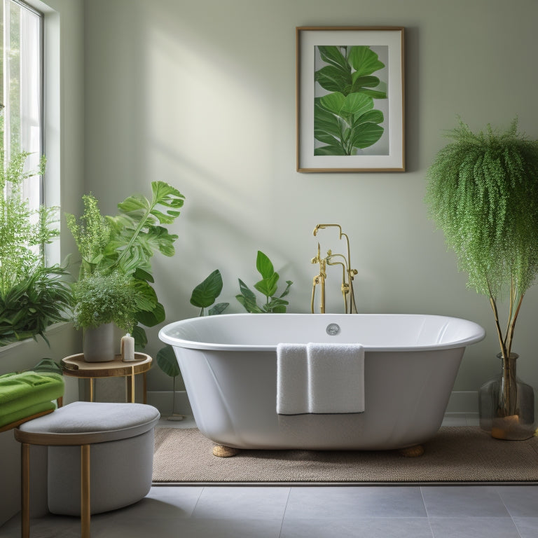 A serene, minimalist bathroom with a freestanding tub, surrounded by a few, carefully-placed decorative items, and a clutter-free countertops with a delicate, leafy green plant.