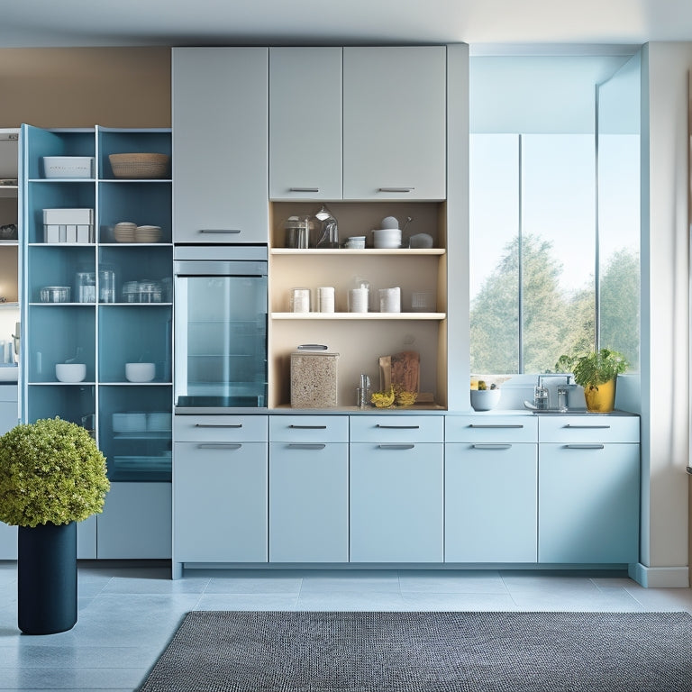 A modern, sleek, and minimalist room with three wall-mounted storage cabinets featuring frosted glass doors, soft-close hinges, and chrome handles, showcasing organized storage for kitchen utensils, cleaning supplies, and office materials.