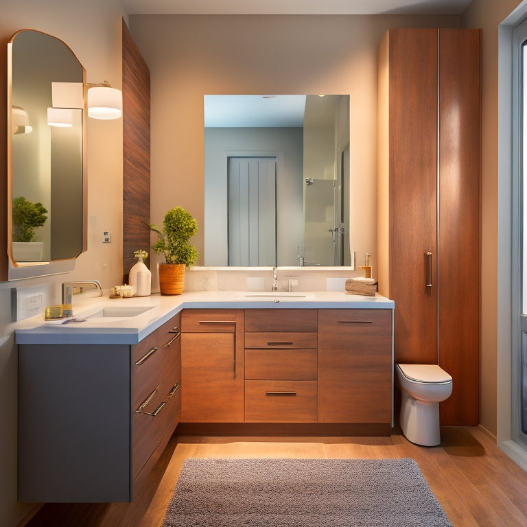 A well-lit, modern bathroom with a sleek countertop featuring a built-in sink, a wall-mounted cabinet with a mirrored door, and a decorative tray holding a few rolled towels, all surrounded by ample negative space.