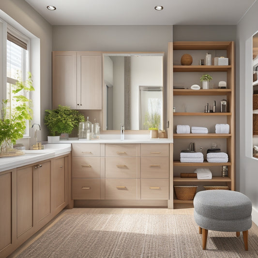 A sleek, modern bathroom with a wall-mounted cabinet featuring pull-out drawers, a recessed medicine cabinet, and a floor-to-ceiling storage unit with baskets and shelves, surrounded by a calm, spa-like ambiance.