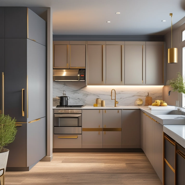 A sleek, modern kitchen with a wall of floor-to-ceiling EKET cabinets in a soft, matte gray finish, with sliding doors and handles in a polished chrome, amidst a warm, golden lighting ambiance.