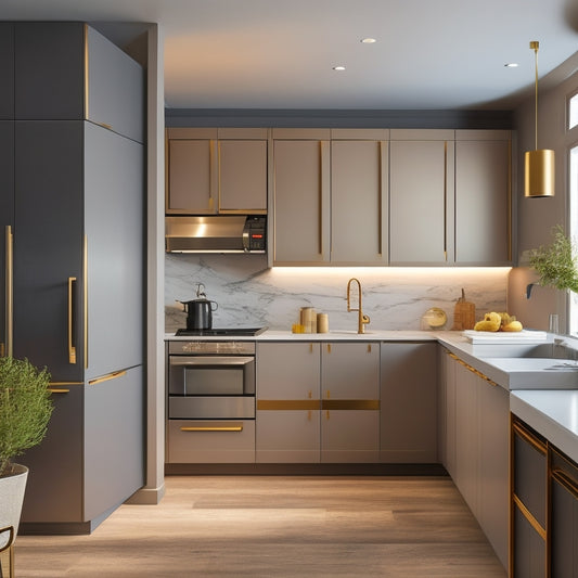 A sleek, modern kitchen with a wall of floor-to-ceiling EKET cabinets in a soft, matte gray finish, with sliding doors and handles in a polished chrome, amidst a warm, golden lighting ambiance.