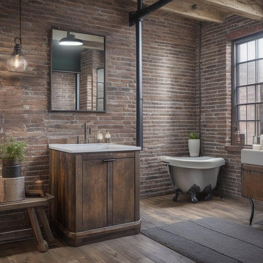 A dimly lit, industrial-chic bathroom with exposed brick walls, featuring a polished chrome, wall-mounted cabinet with clean lines, metal handles, and a distressed wooden shelf above a freestanding tub.