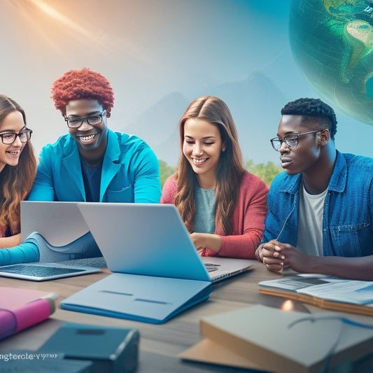 An illustration of diverse students engaging with laptops and tablets, surrounded by accessibility symbols, with a subtle background of a globe, conveying inclusivity and global connectivity.