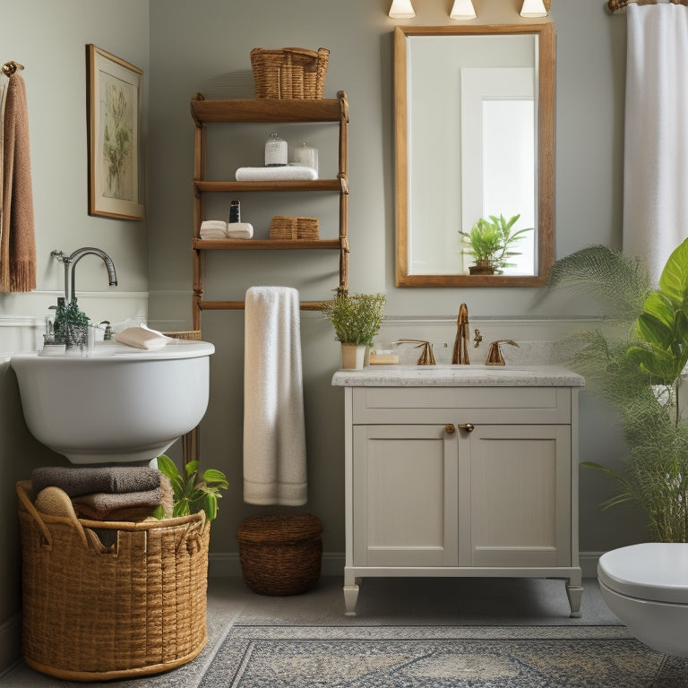 A serene, well-lit bathroom with a large, wall-mounted cabinet, a pedestal sink with a woven basket underneath, and a shower caddy with rolled towels and a few potted plants.