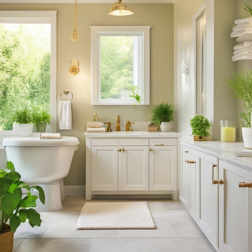 A serene bathroom with creamy white cabinets, featuring sliding drawers, adjustable shelves, and a built-in trash can, surrounded by calming greenery and soft, warm lighting.