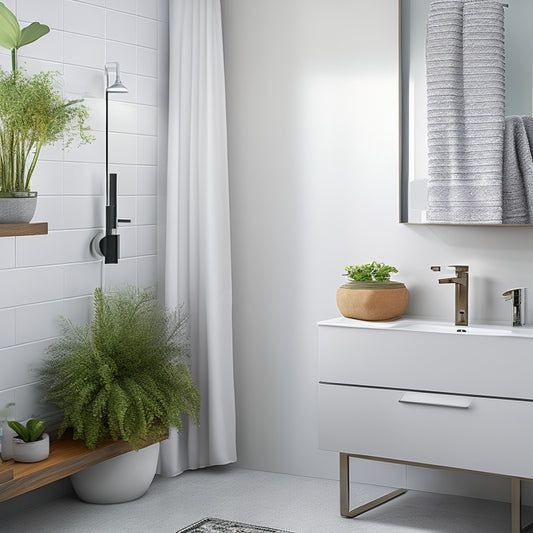 A clean, modern bathroom with a single, wall-mounted shelf installed above a sink, holding a few rolled towels, a small potted plant, and a decorative vase, with a level and drill nearby.