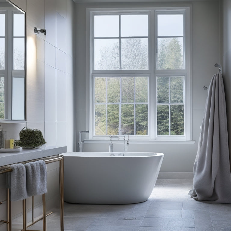 A serene bathroom scene: a freestanding tub centered beneath a large window with soft, white curtains, adjacent to a walk-in shower with a rainfall showerhead and sleek, gray tile surround.