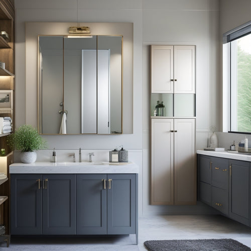 A modern bathroom with three wall-mounted medicine cabinets in different styles: one with a mirror, one with a wooden frame, and one with a sleek metal design.