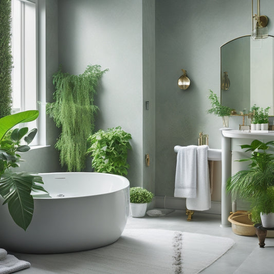 A serene, spa-inspired bathroom with a freestanding tub, rainfall showerhead, and large format marble tiles, surrounded by plush towels, a decorative mirror, and a few lush green plants.