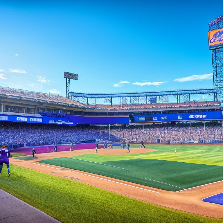 A panoramic view of Coors Field's exterior with a packed stadium in the background, a giant baseball hovering above the entrance, and a few fans in Rockies jerseys standing at the gate, looking at a sign.