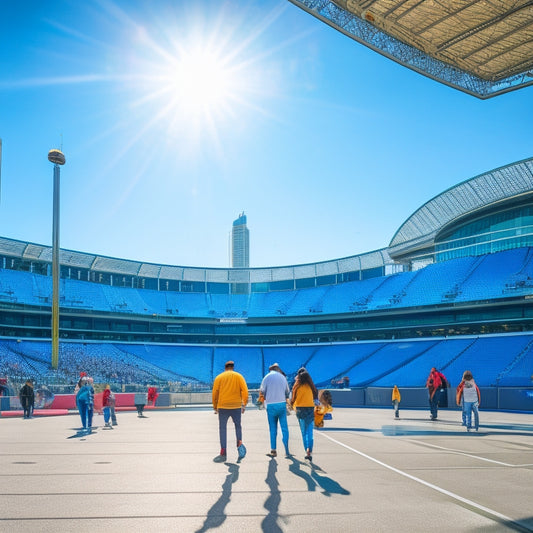 A sunny day exterior of Rogers Centre with ramps and elevators prominently displayed, wheelchair-accessible seating areas, and diverse people of all ages enjoying the stadium together.