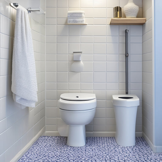 A toilet surrounded by a toilet brush, plunger, toilet paper holder, and a small trash can, set against a clean, white, and minimalistic bathroom background with a single, subtle tile pattern.