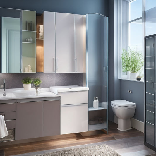 A modern bathroom with sleek, wall-mounted cabinets featuring tinted glass doors, chrome accents, and soft-close hinges, showcasing a hidden storage compartment for toilet brushes and bathroom accessories.