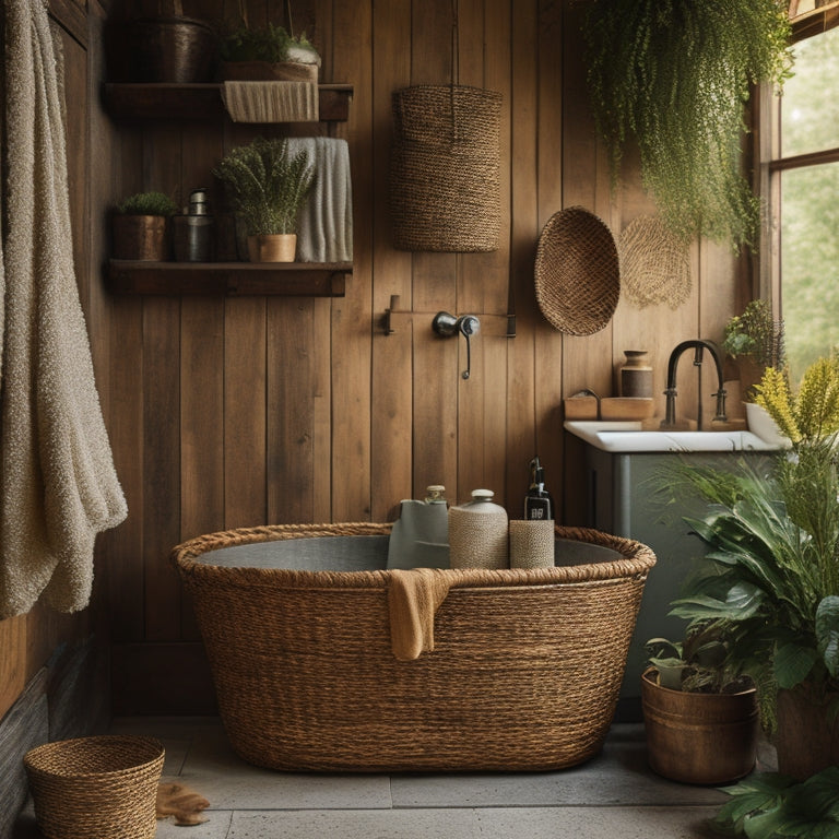 A rustic bathroom with distressed wood shelves, woven baskets, and galvanized metal tubs, surrounded by earthy tones, natural textiles, and lush greenery, evoking a cozy and organic atmosphere.