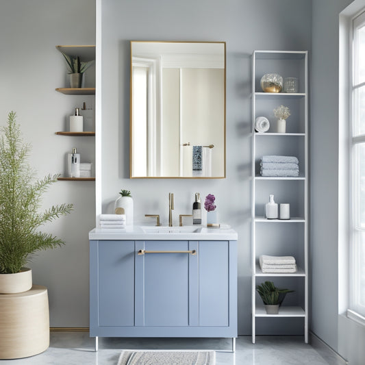 A serene bathroom with a freestanding shelving unit, featuring three tiers of minimalist, rounded-edge glass shelves, placed beside a sleek, wall-mounted sink and a floor-to-ceiling mirror.