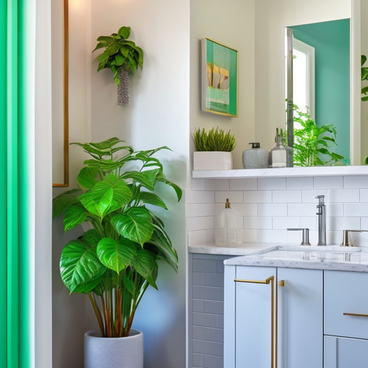A serene, modern small bathroom with a sleek, white wall cabinet above the sink, adorned with chrome hardware, surrounded by marble countertops, and a floor-to-ceiling mirror reflecting a green plant.
