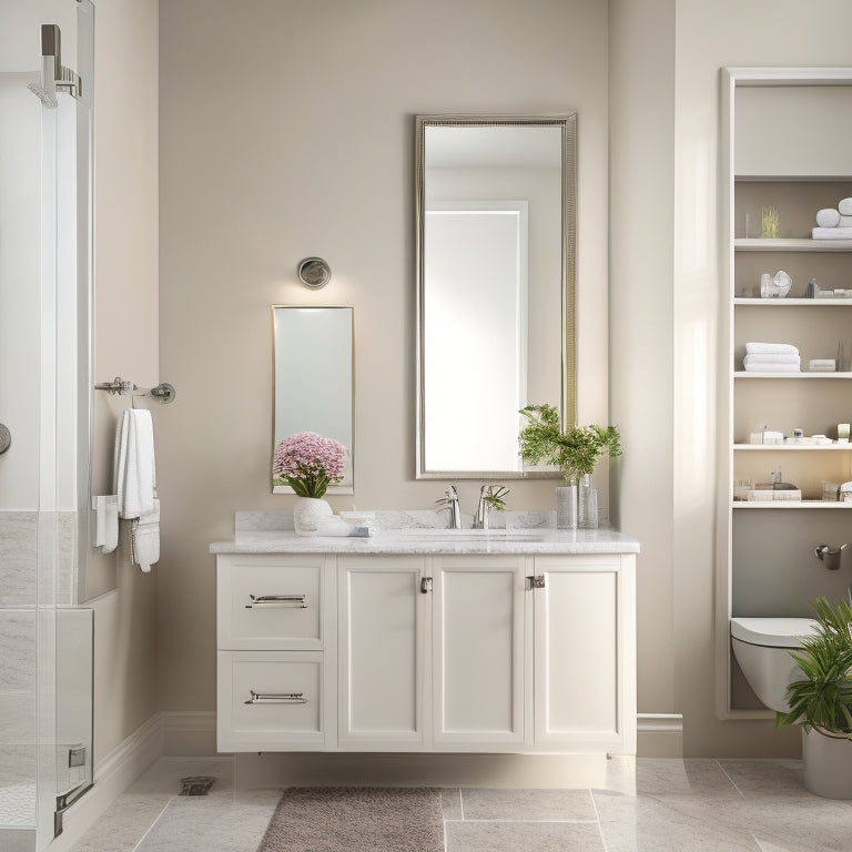 A serene bathroom with a sleek, wall-mounted vanity featuring three open shelves in a polished chrome finish, holding a few carefully placed toiletries and decorative accents amidst a backdrop of soft, creamy tile.