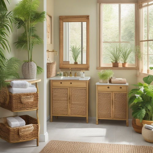 Generate an image of a serene, spa-like bathroom with a bamboo vanity, woven baskets, and a matching bamboo shelving unit, surrounded by lush greenery and soft, natural light.