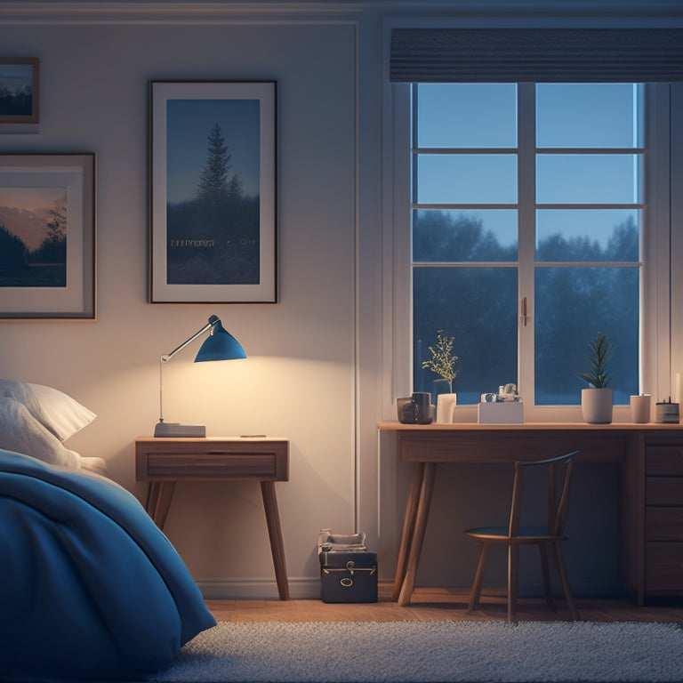 A serene, minimalist illustration featuring a tidy bedroom at dusk, with a made bed, organized dresser, and a few stars visible through the window, illuminated by a single, warm table lamp.