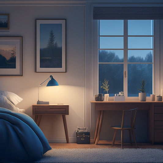 A serene, minimalist illustration featuring a tidy bedroom at dusk, with a made bed, organized dresser, and a few stars visible through the window, illuminated by a single, warm table lamp.