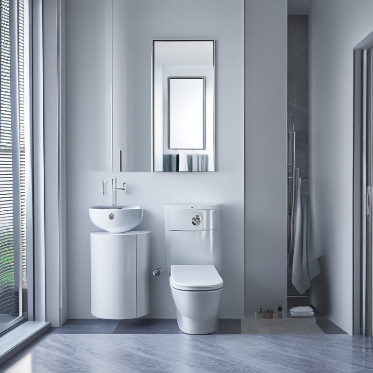 A sleek, modern bathroom with a rotating storage unit, featuring a curved glass shelf, chrome handles, and a mirrored door, surrounded by a minimalist sink, toilet, and marble floor.