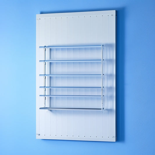 A minimalist white metal hanging file rack with five horizontal rods, suspended from a sleek silver hook, against a clean blue-gray background with subtle grid lines.