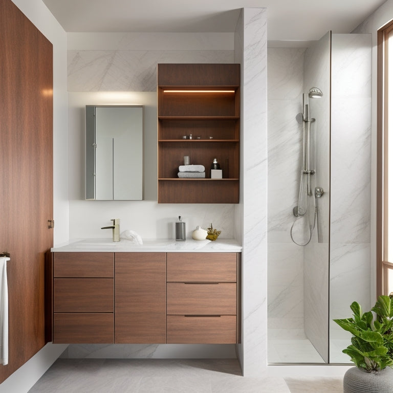 A sleek, modern bathroom with a wall-mounted, LED-lit, 24-inch-wide, soft-close medicine cabinet in a warm, honey-brown wood tone, surrounded by crisp white tile and a subtle, gray-veined marble countertop.