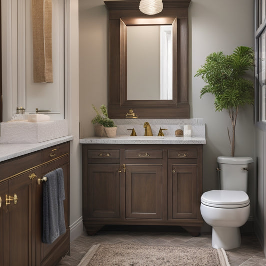 A serene, modern bathroom with a unique pedestal sink, surrounded by sleek, custom-built storage units in a rich wood tone, with subtle LED lighting and ornate metal hardware.