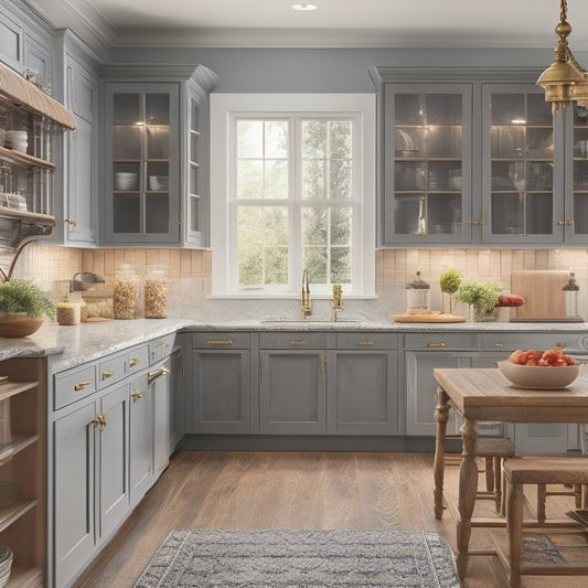 A beautifully styled kitchen with open cabinets, revealing perfectly aligned doors in soft-close motion, showcasing a mix of glass, wood, and metal materials in a harmonious blend of styles and finishes.