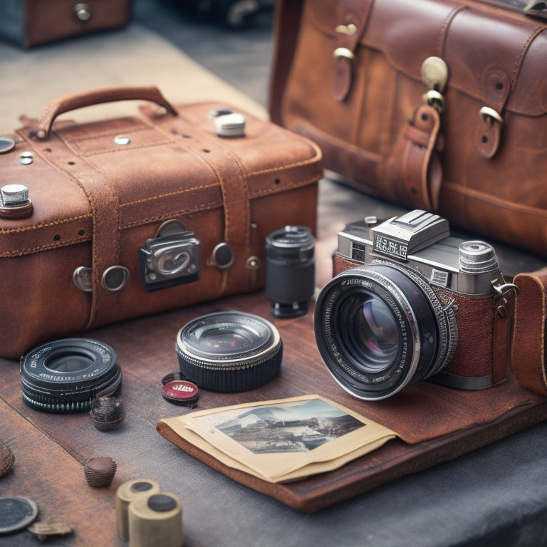 An old, worn, brown leather camera case lies open, revealing a vintage Rolleiflex camera, surrounded by scattered black-and-white photographs of 1950s-60s street scenes and everyday people.