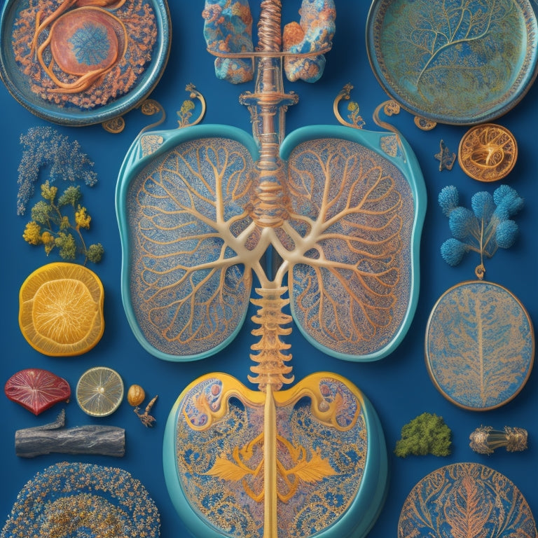 A intricately detailed, antique-style illustration of the human body, with each organ and system labeled with colorful, swirling patterns instead of text, set against a dark, gradient blue background.