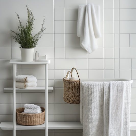 A serene, white, and minimalist bathroom with a wall-mounted shelf organizer, holding three woven baskets, a decorative vase, and a few rolled towels, against a soft, gray background.