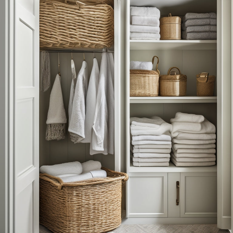 A serene, clutter-free linen closet with crisp white shelves, neatly stacked towels, and a few woven baskets, illuminated by soft, warm lighting and a hint of natural light from a nearby window.