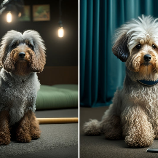 A split-screen image featuring a before-and-after comparison: a matted, dirty dog on the left, and a clean, fluffy dog on the right, with grooming tools and a stylish background.