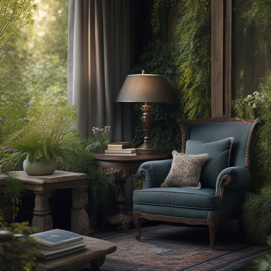 A serene, natural setting with a comfortable reading nook featuring a plush armchair, floor lamp, and a stack of vintage books surrounded by lush greenery and a few scattered wildflowers.