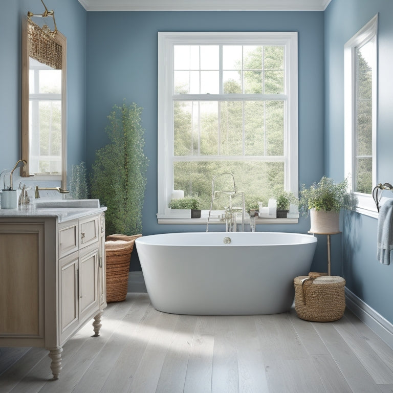 A serene bathroom scene featuring a freestanding tub, surrounded by calming greenery, with walls painted a soothing blend of misty blue and creamy white, accented by warm wood tones.