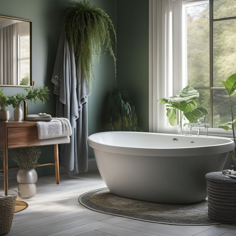 A serene bathroom scene featuring a freestanding tub, surrounded by lush greenery, with a rainfall showerhead, heated floors, and a plush area rug in a calming, nature-inspired color palette.