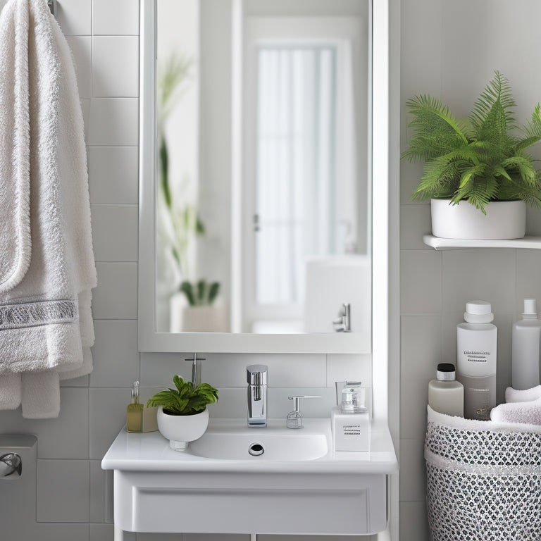 A tidy, white, small bathroom with a wall-mounted organizer attached to the medicine cabinet, holding toiletries and beauty products, surrounded by a few decorative towels and a small potted plant.