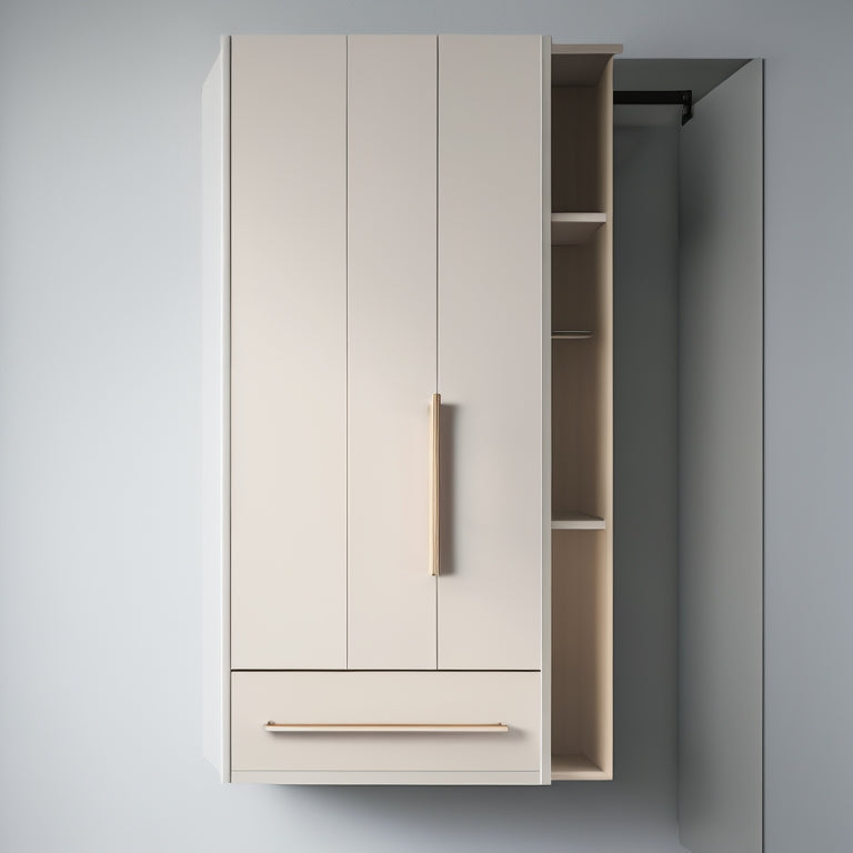 A modern, sleek wall-mounted cabinet with three shelves of varying depths, adorned with minimalist metal handles, against a light-gray background, with soft, warm lighting highlighting the cabinet's clean lines and minimalist design.