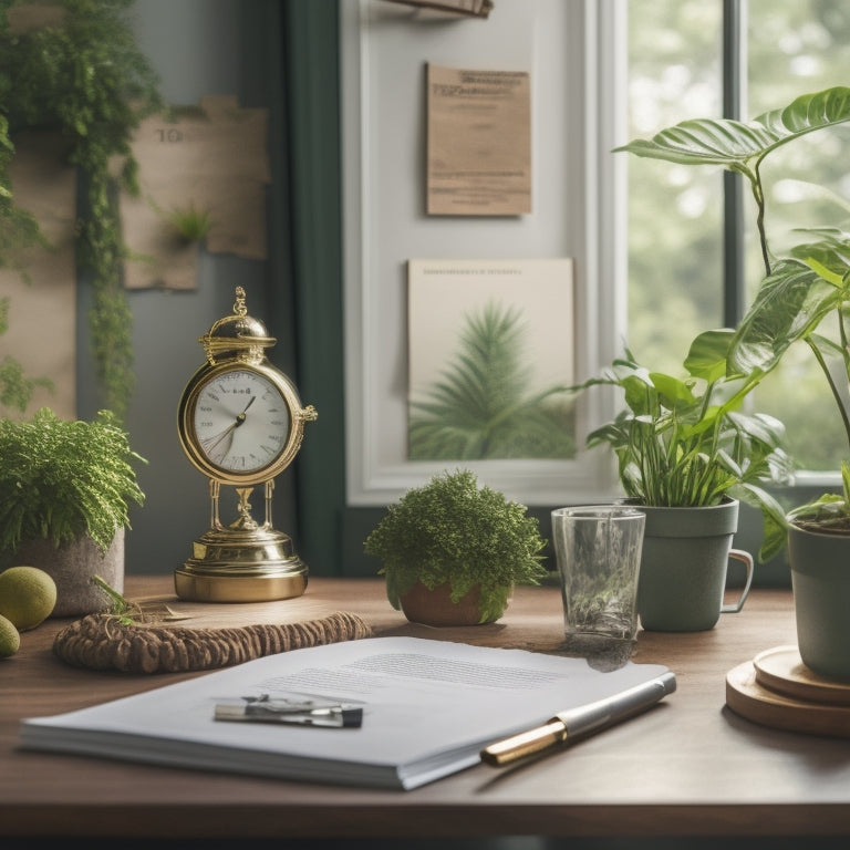 A serene, organized workspace with a tidy desk, a planner, and a clock in the background, surrounded by lush green plants and a few inspirational quotes on a corkboard.