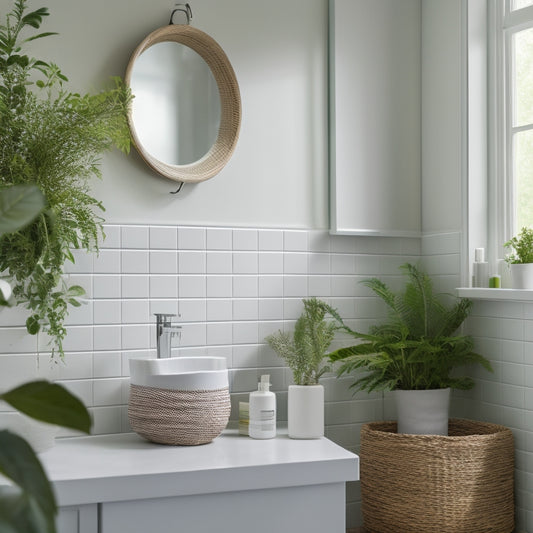 A serene bathroom with a tidy countertop, a single soap dispenser, a minimalist mirror, a woven basket storing toiletries, and a few lush green plants on a shelf, surrounded by calming white and gray tones.